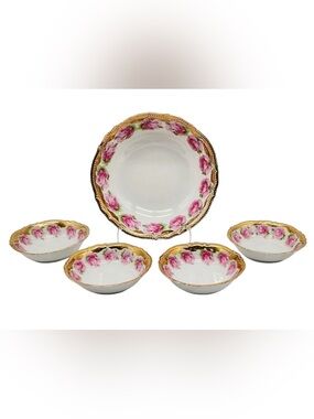 Antique P.K. Silesia German Punk Rose Gilt Porcelain Berry / Dessert 5 Piece Set